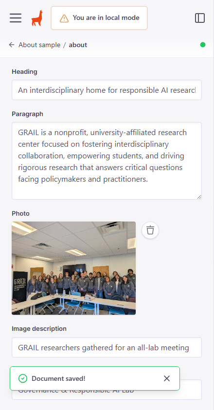Recorded narrow-screen Tina editor showing its oversized sidebar